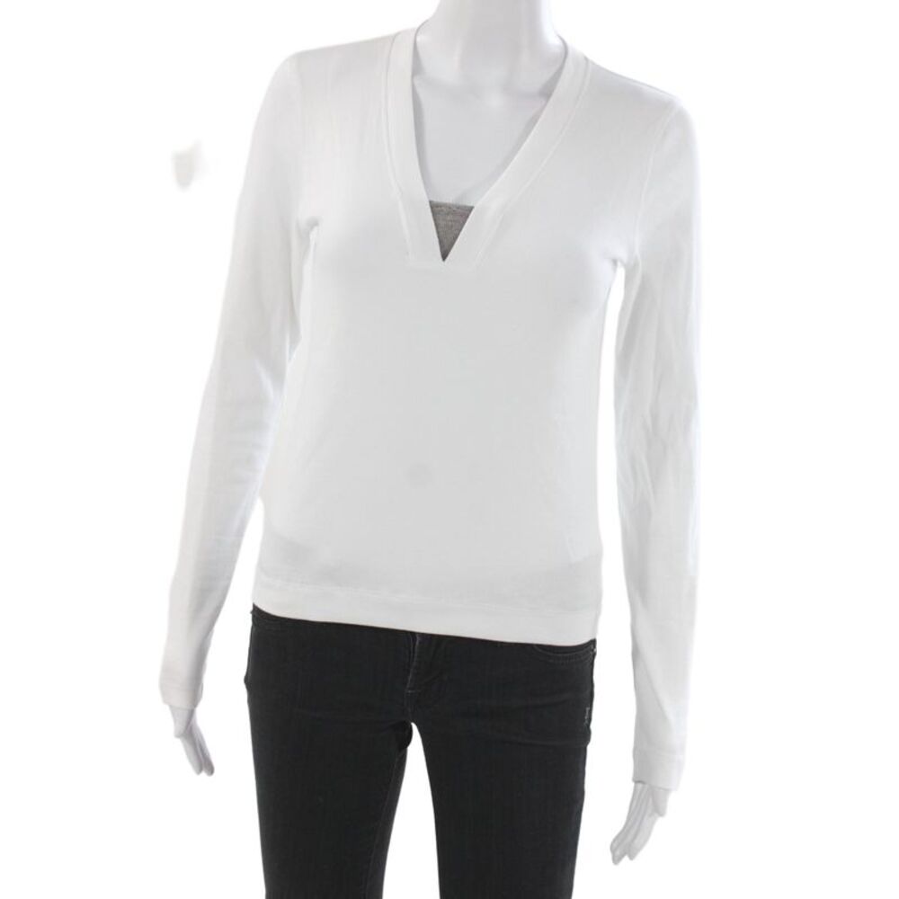 Brunello Cucinelli Women White V-Neck Long Sleeve Cotton T-Shirt Size M